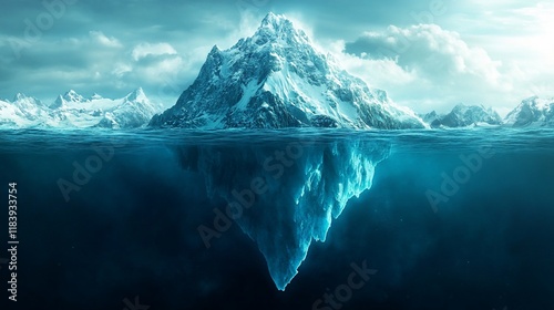 Iceberg submerged in water, dramatic mountain landscape, vast ocean, hidden secrets photo