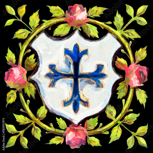 Decorative coat of arms of knights with roses and Templar cross. Watercolor drawing isolated on a white background.
