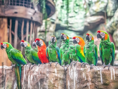 Tropical birds like parrots, toucans, and macaws perched in a vibrant, lush environment, showcasing their colorful plumage and exotic charm. photo