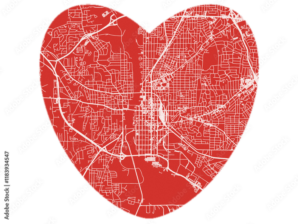 Heart-Shaped Map of Columbus Georgia, USA in Bold Red and White Design. Heart-Shaped Map of Columbus Georgia, USA in Bold Red and White Design.