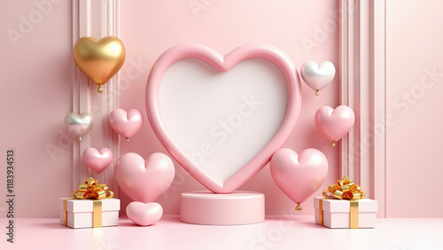 Pink Heart Shaped Frame With Balloons And Gifts, Featuring Gold And Silver Decorations