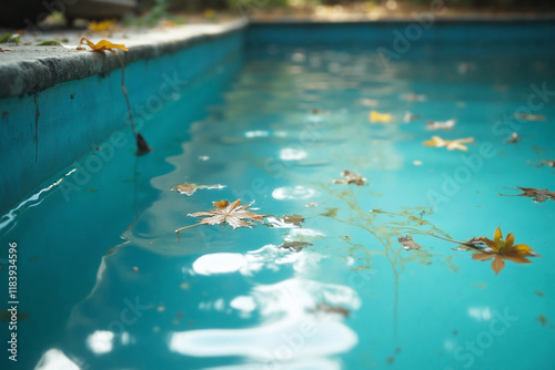 Fallen dead tree leaves and dirt floating on the water surface of a neglected swimming pool in a house backyard. Unclean dirty home outdoor pool requiring regular cleaning and maintenance. Closeup.