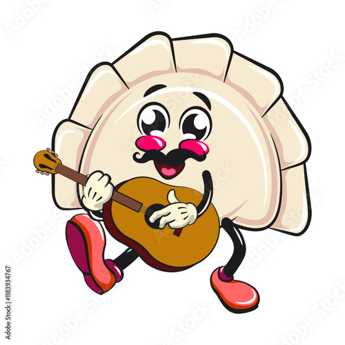 Cute gyoza dumpling vektor illustration mascot character moustache playing guitar, Xiao Long Bao, Asian, Chinese food, work of hand drawn