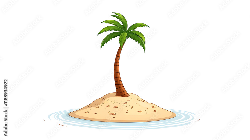 Obraz premium A 2d pop art animated drawing of a palm tree on a small dessert island on a white background. Generative AI