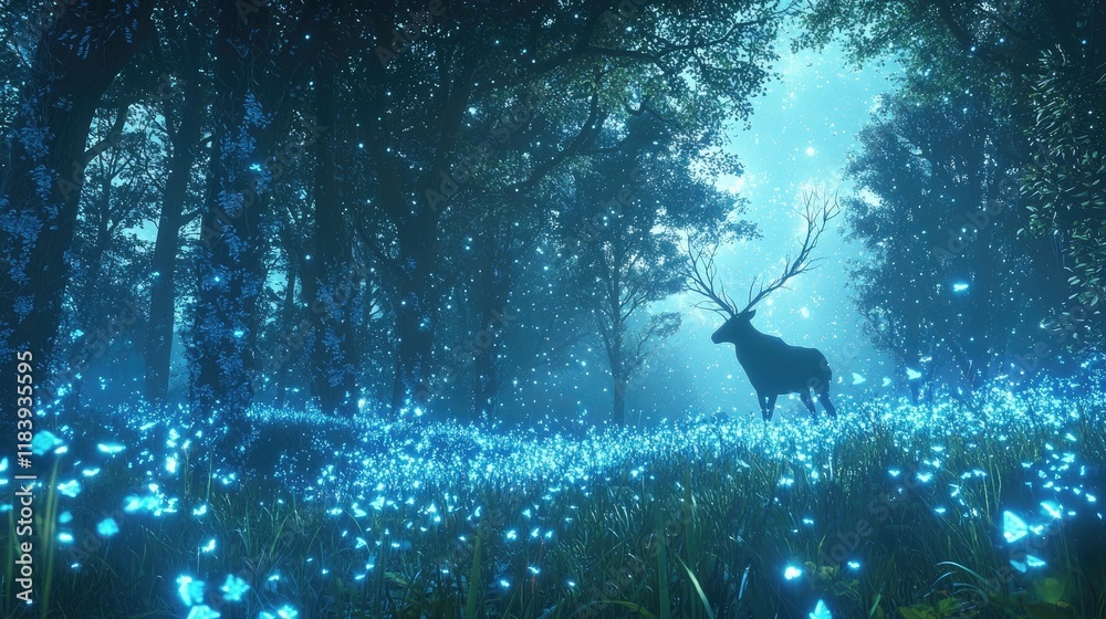 Fototapeta premium Magical glowing deer in a neon-lit enchanted forest, surrounded by sparkling particles and ethereal atmosphere. Generative by AI.