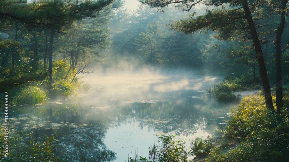 Fototapeta premium Misty morning sunrise over tranquil forest lake reflecting sunlight.