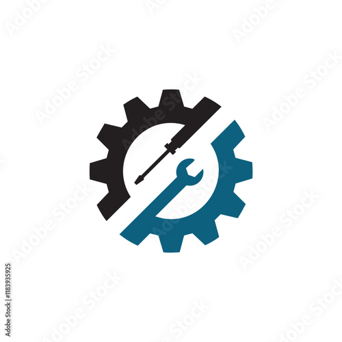A logo featuring a gear with a screwdriver and a wrench crossed inside.