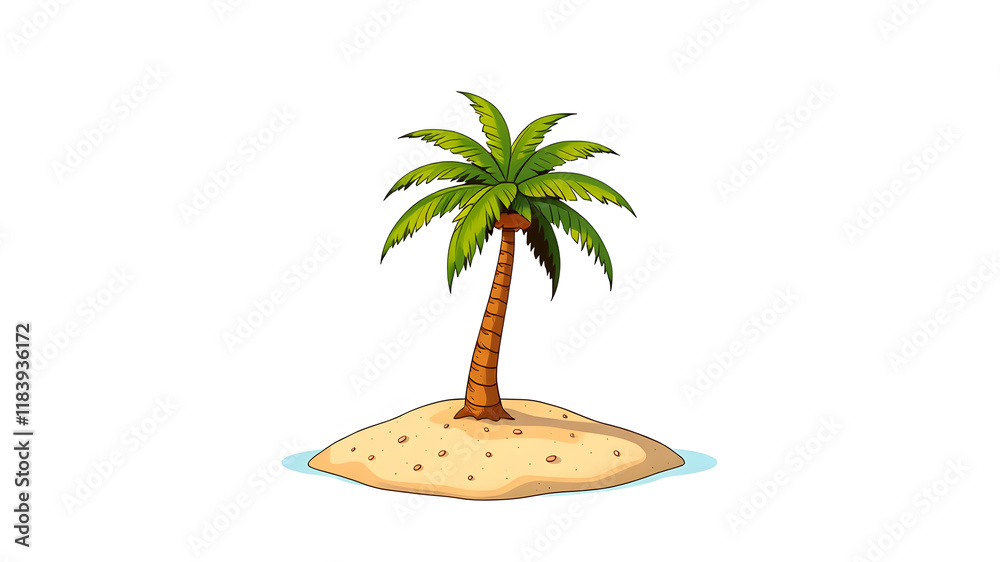 Obraz premium A 2d pop art animated drawing of a palm tree on a small dessert island on a white background. Generative AI