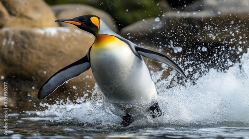 King penguin splashing, rocky shore, wildlife habitat, nature documentary