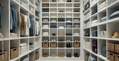 a walk-in closet with a grid of white shelves. Each shelf is filled with neatly folded clothes, shoes, accessories, and storage baskets in a variety of textures and colors.