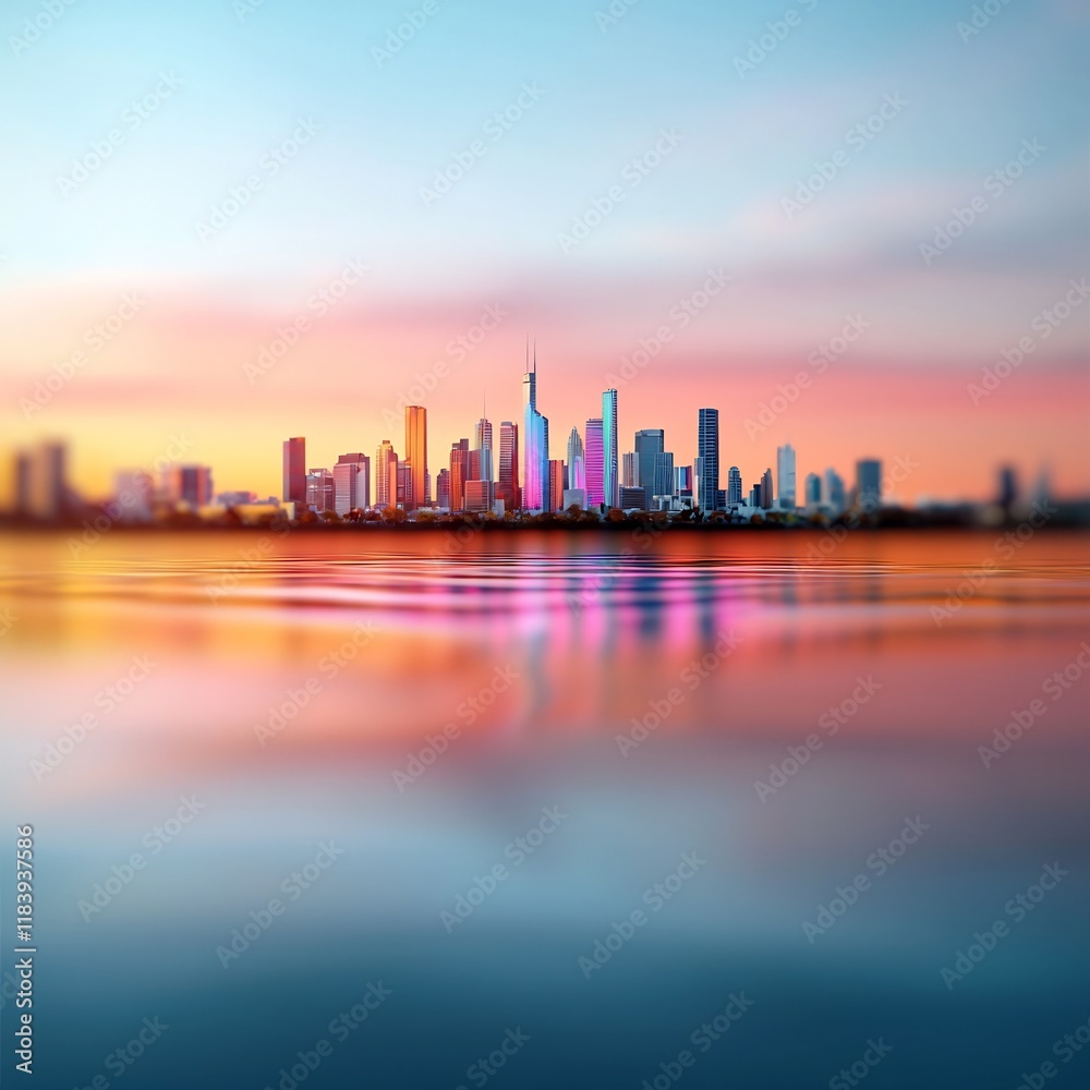 Obraz premium Captivating color changing iridescent holographic foil background with shimmering metallic textures and dynamic digital fractal patterns reflecting on the tranquil waters of an urban skyline at