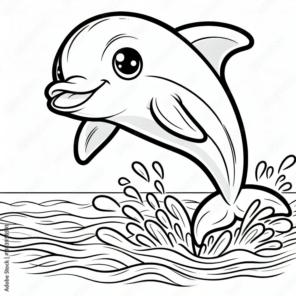 Black white lineart coloring book, cute animal character. Cute Cartoon Character with Big Eyes. Cute smiling dolphin for coloring book. Animal characters for kids coloring book.