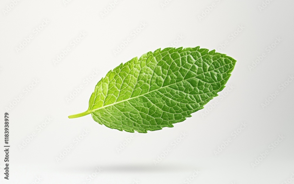 Fototapeta premium A fresh green mint leaf floating mid-air with visible texture on a white background