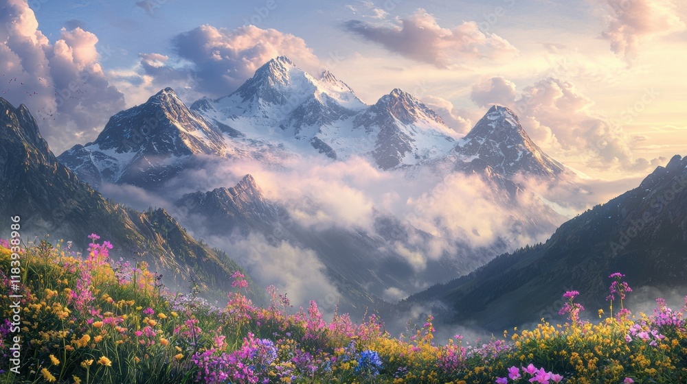 Fototapeta premium Majestic Mountain Panorama: A breathtaking view of snow-capped peaks rising above a vibrant alpine meadow bathed in the soft light of sunrise, creating a serene and enchanting landscape.