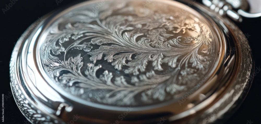 Intricate Silver Pocket Watch Back Engraving Close-Up Intricate Silver Pocket Watch Back Engraving Close-Up