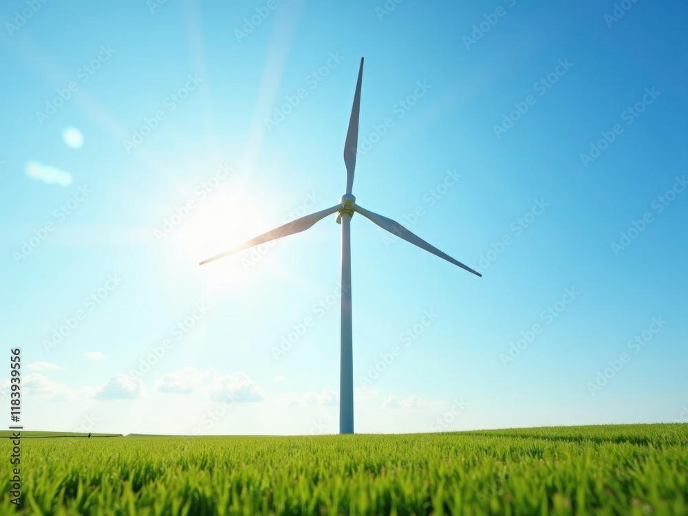 Renewable energy captured in a wind turbine against a clear blue sky and vibrant green grass on a sunny day Renewable energy captured in a wind turbine against a clear blue sky and vibrant green grass on a sunny day