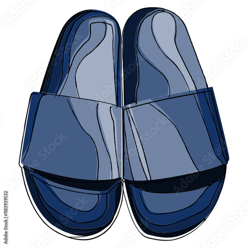 Pair of slippers for outdoor and indoor activity isolated on white. Comfy footwear, male and female rubber sandals for beach,pool,gym,summer. Freehand flat vector illustration set.