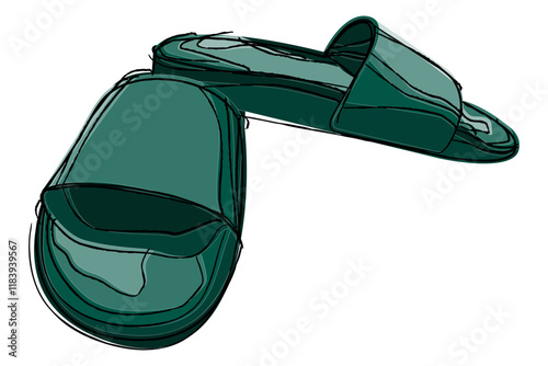 Pair of slippers for outdoor or indoor activity isolated on white. Comfy footwear, male or female sandals for beach,pool,gym,summer. Freehand flat vector illustration set.