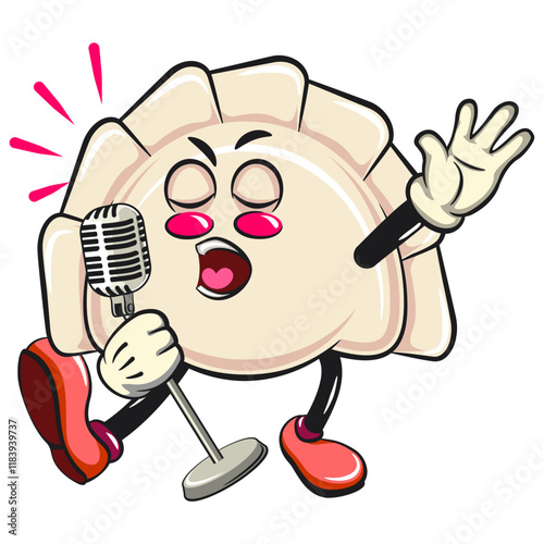 Cute gyoza dumpling vektor illustration mascot character sing earnestly with maximum style, Xiao Long Bao, Asian, Chinese food, work of hand drawn