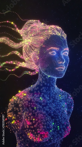 3d rendering of a female figure with flowing particles on a dark background. made with generative Ai	