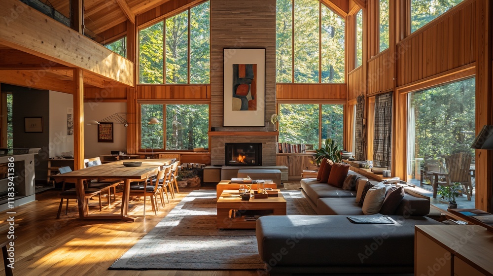Fototapeta premium Sunlit modern cabin interior with large windows, wooden beams, fireplace, and comfortable seating area.