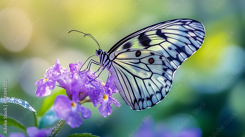 A large, white and black butterfly with red dots rests on a purple flower. A large, white and black butterfly with red dots rests on a purple flower.