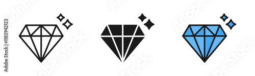 Diamond icon with sparkle stars symbol , outline and filled , solid, web icons vector sign	