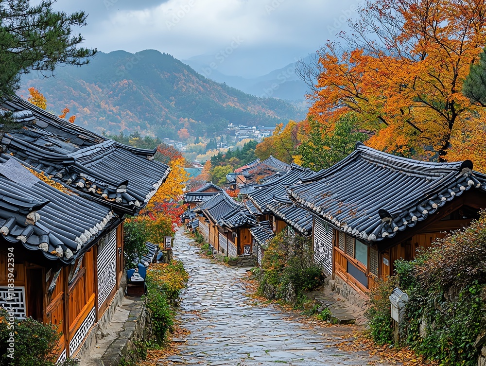 Fototapeta premium Autumnal Korean Village: Serene Stone Path, Traditional Houses, and Vivid Fall Foliage