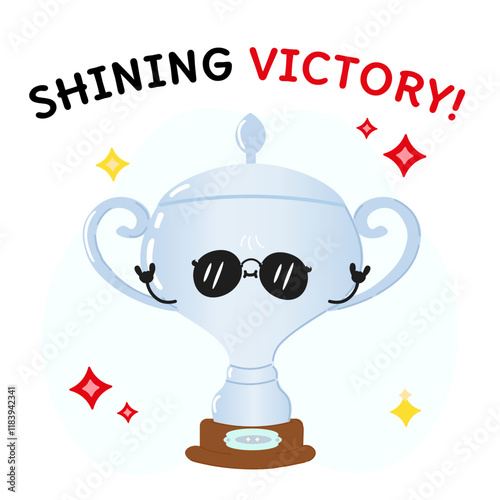 Cute Silver trophy cup character with sunglasses and playful text Shining Victory. Vector hand drawn cartoon kawaii character illustration icon. Silver trophy cup character concept