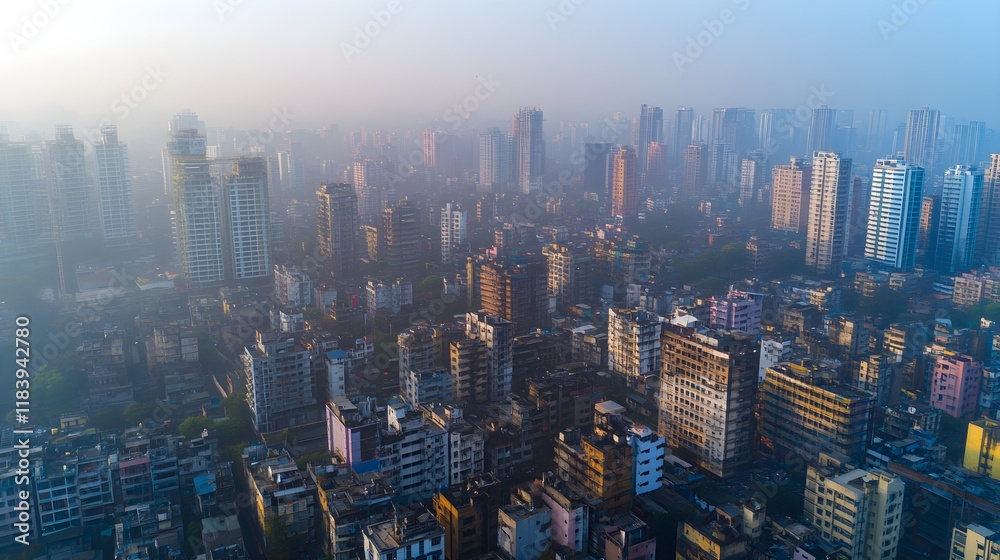 Obraz premium Aerial view of a densely populated city skyline covered in thick smog with limited visibility, highlighting severe urban pollution and poor air quality 