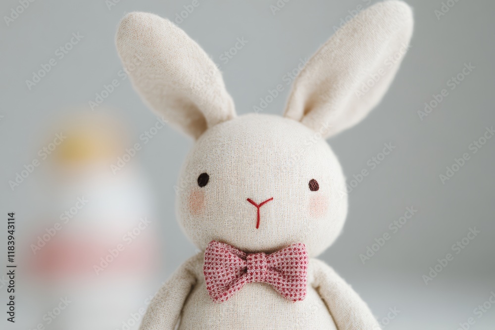 Obraz premium Adorable Handmade Bunny Toy with Colorful Bow Tie on Mint Green Background