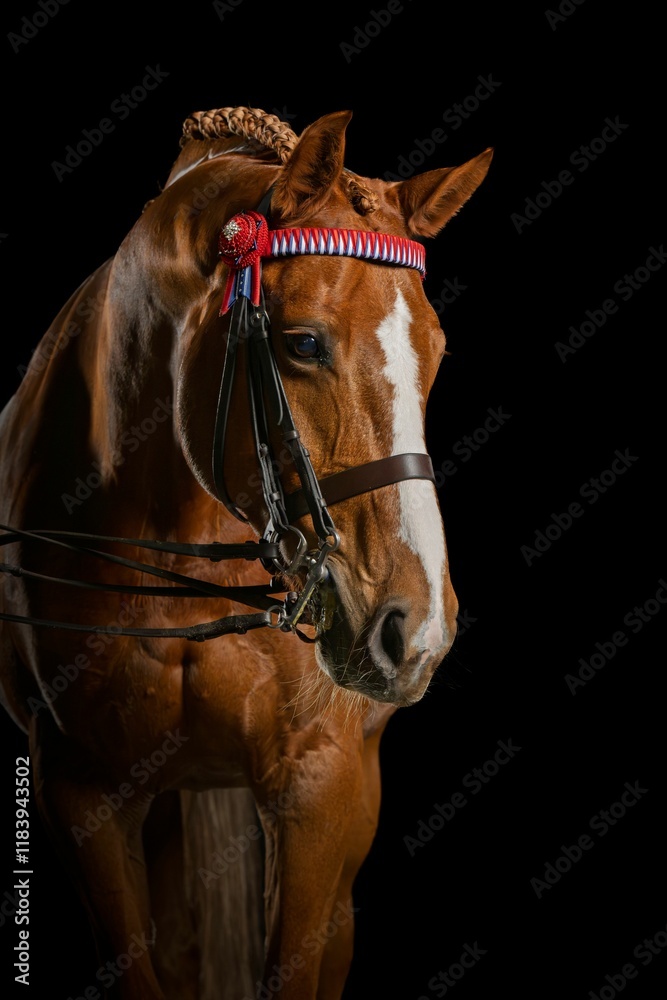 Portrait of a chestnut horse with braided mane and decorative bridle against a black background Portrait of a chestnut horse with braided mane and decorative bridle against a black background