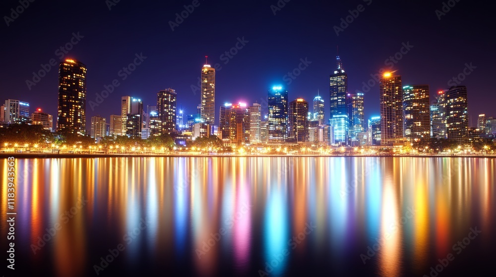 Fototapeta premium Vibrant City Skyline at Night with Reflections on Water.