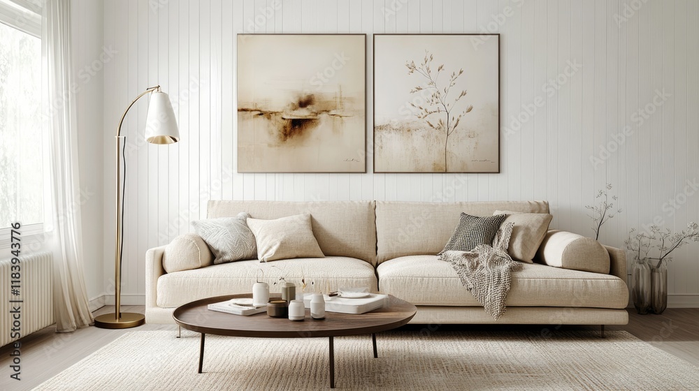 Fototapeta premium A realistic photo of a stylish living room with white walls, a beige sofa, and a coffee table The soft rug, standing floor lamp, and decorative paintings add a modern, chic touch Cushions and throws