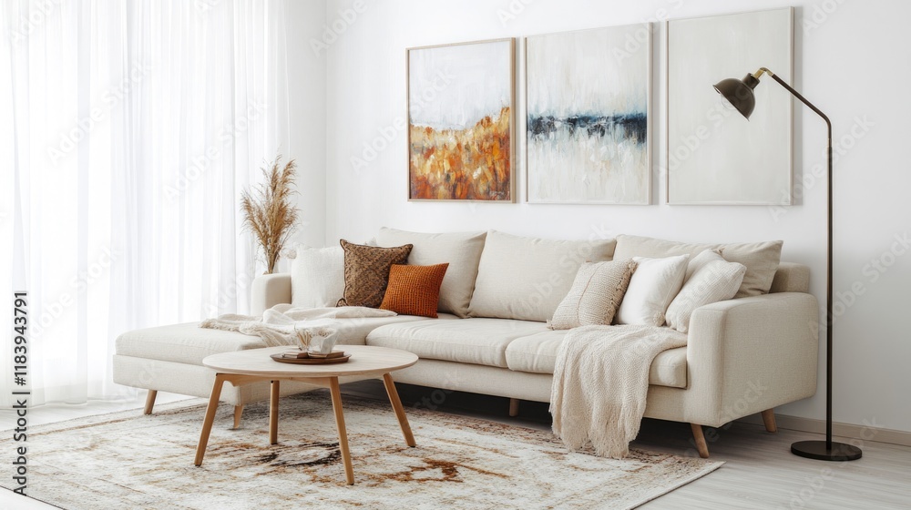Obraz premium A realistic photo of a cozy living room with white walls, a beige sofa, and a coffee table The soft rug, standing lamp, and decorative paintings create a welcoming space Cushions and throws add