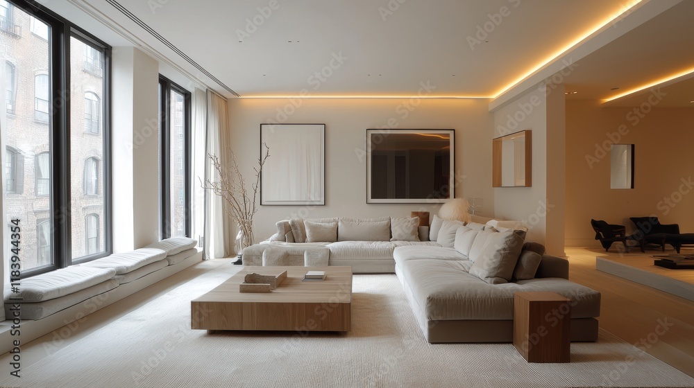 Fototapeta premium Modern Minimalist Living Room with City Views