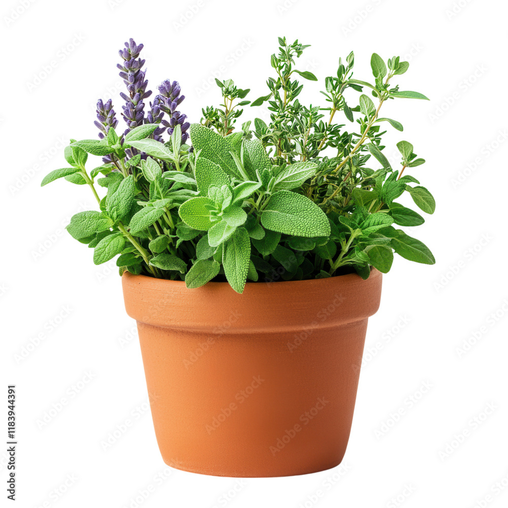 Herb Garden in Terracotta Pot, vibrant green herbs thriving in a rustic terracotta pot, set against a clean white backdrop for a fresh aesthetic Herb Garden in Terracotta Pot, vibrant green herbs thriving in a rustic terracotta pot, set against a clean white backdrop for a fresh aesthetic