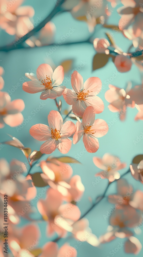 Delicate pink flowers bloom against a serene blue backdrop, capturing the essence of spring's vitality. The branches sway gently, inviting warmth and joy into every moment Delicate pink flowers bloom against a serene blue backdrop, capturing the essence of spring's vitality. The branches sway gently, inviting warmth and joy into every moment