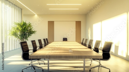 High-resolution photorealistic image of a bright, contemporary boardroom with a long wooden table and modern black chairs The minimalist design and natural lighting create a sophisticated business