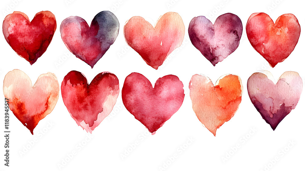 Fototapeta premium Valentine's Day background. A collection of watercolor hearts