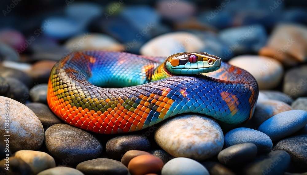a colorful snake resting on a pile of stones a colorful snake resting on a pile of stones