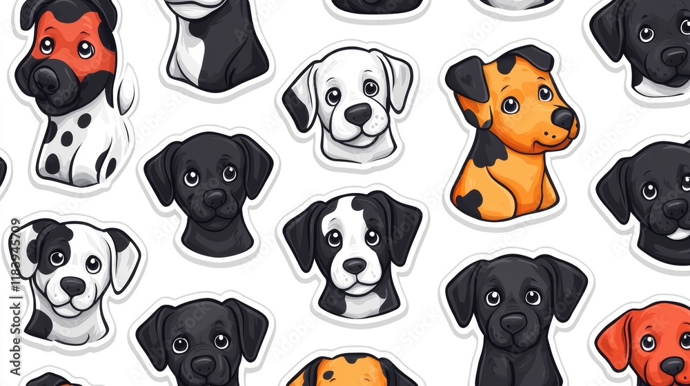 Obraz premium Adorable Puppies: Dalmatian, Labrador, and Black Dogs Seamless Pattern. Cute Pet Animal Wallpaper Design