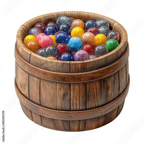 Wooden Barrel with Colorful Marbles on White Background, vibrant hues, playful arrangement, inviting texture, whimsical decor element photo