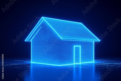 A glowing blue house outline is depicted using dots in a futuristic digital style on a dark gradient background. Concept of innovation and technology. Ai generative