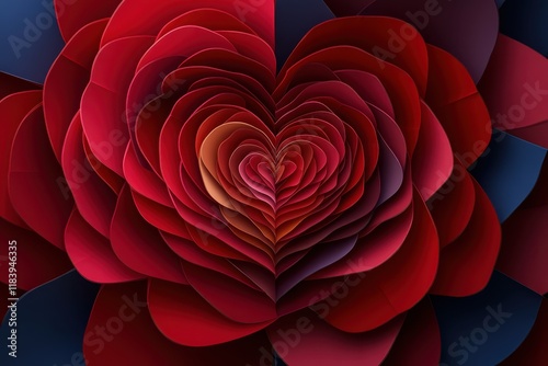Red paper heart blooming inside a flower, origami valentine's day greeting card