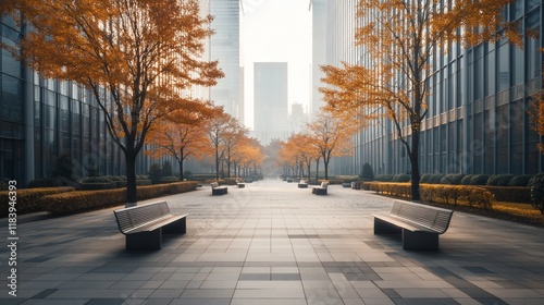 Tranquil autumn cityscape empty pathway lined with benches, flanked by skyscrapers and vibrant yellow trees under a hazy sunrise.