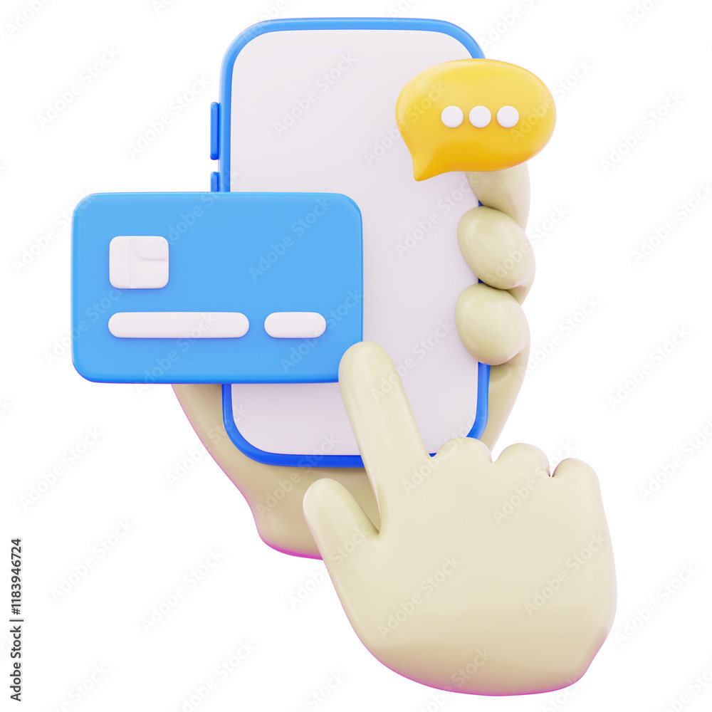 Obraz premium Hand holding smartphone for online shopping cashless payment transaction icon illustration. Concept of secure credit card payment 3d render illustration image