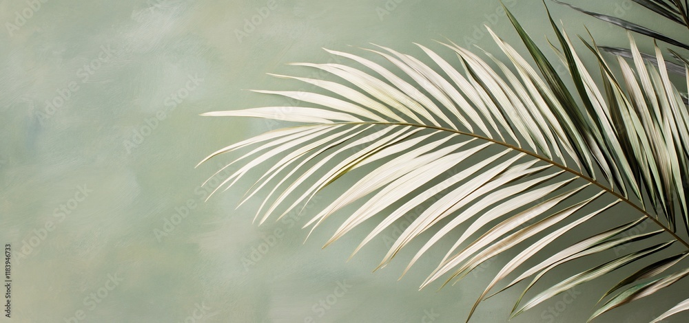 Fototapeta premium Single palm frond against a sage green background.