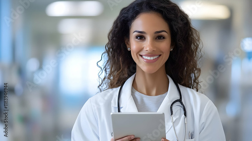 In the hospital, a contented woman doctor uses tablet technology. photo