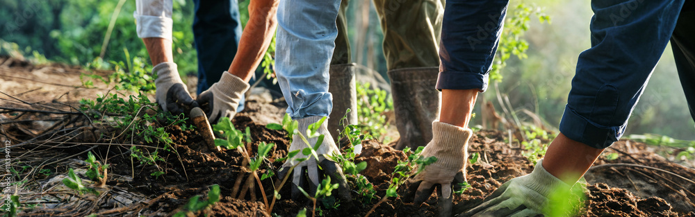 Dedicated Gardeners Cultivating Organic Vegetables in Community Garden Dedicated Gardeners Cultivating Organic Vegetables in Community Garden